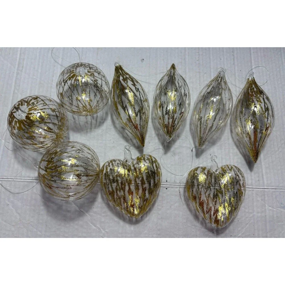 9 Clear Glass Christmas Ornaments Gold Glitter Hearts Balls Teardrops Vintage